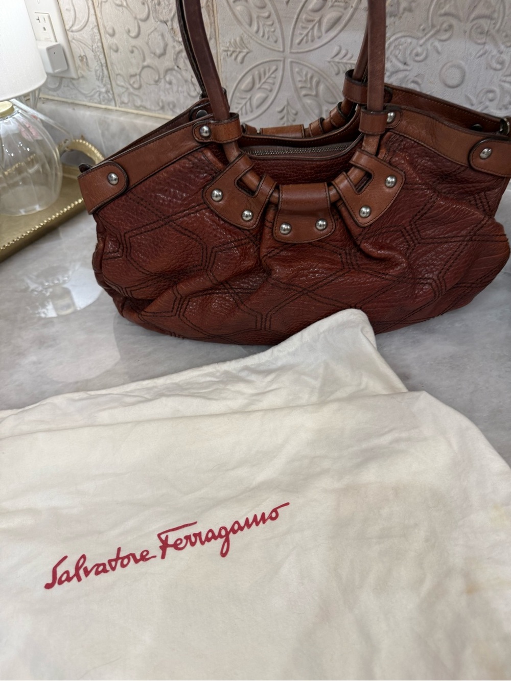 Pre-Loved Salvatore Ferragamo Stitched Celtico Calfskin Pebble Leather Satchel - Picture 6 of 11